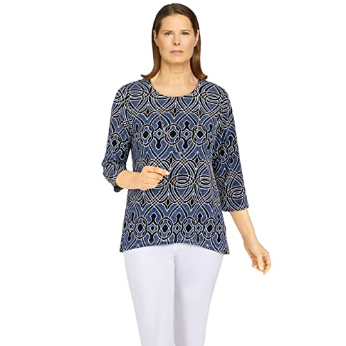 Alfred Dunner Black/Navy Swirl Polyester Top with Sharkbite Hem