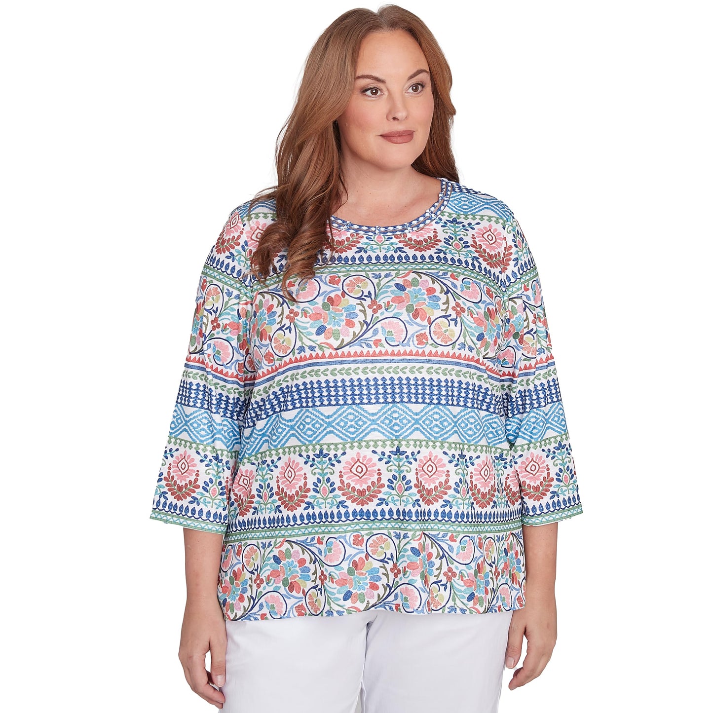 Alfred Dunner Women's Knit Scroll Geometric Crewneck Top Size S Navy Multi