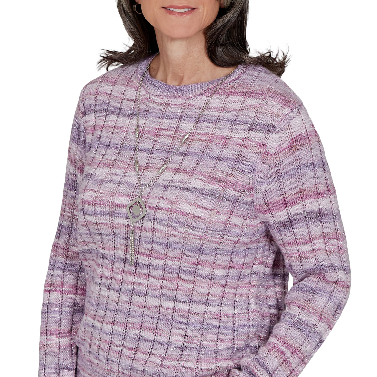 Alfred Dunner Women's Space Dye Ribbed Sweater with Necklace, Amethyst, L