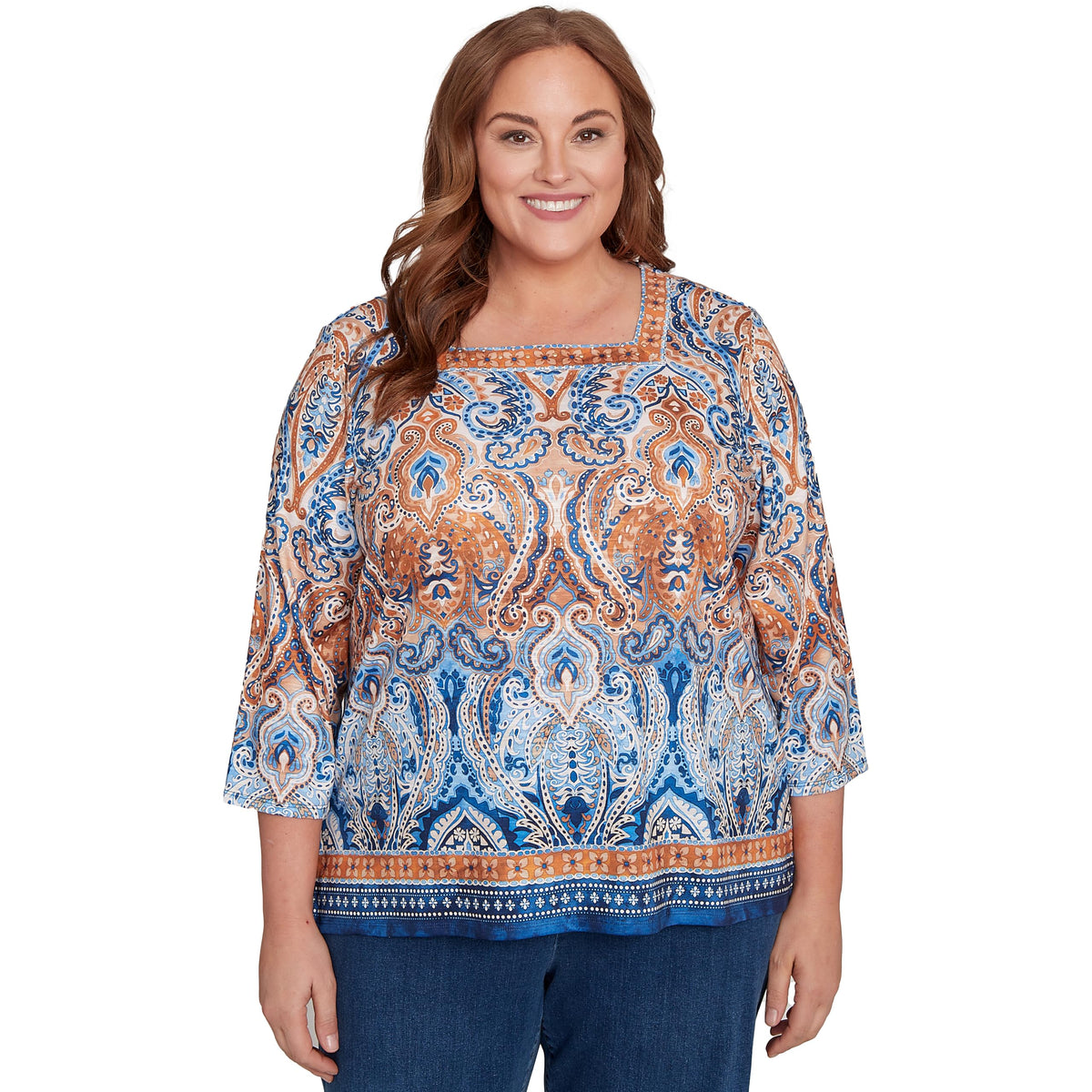Alfred Dunner Women's Petite Medallion Bordered Square Neck Top Size PS Denim