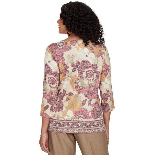 Alfred Dunner Women's Exploded Floral Geo Border Top, Tan, S
