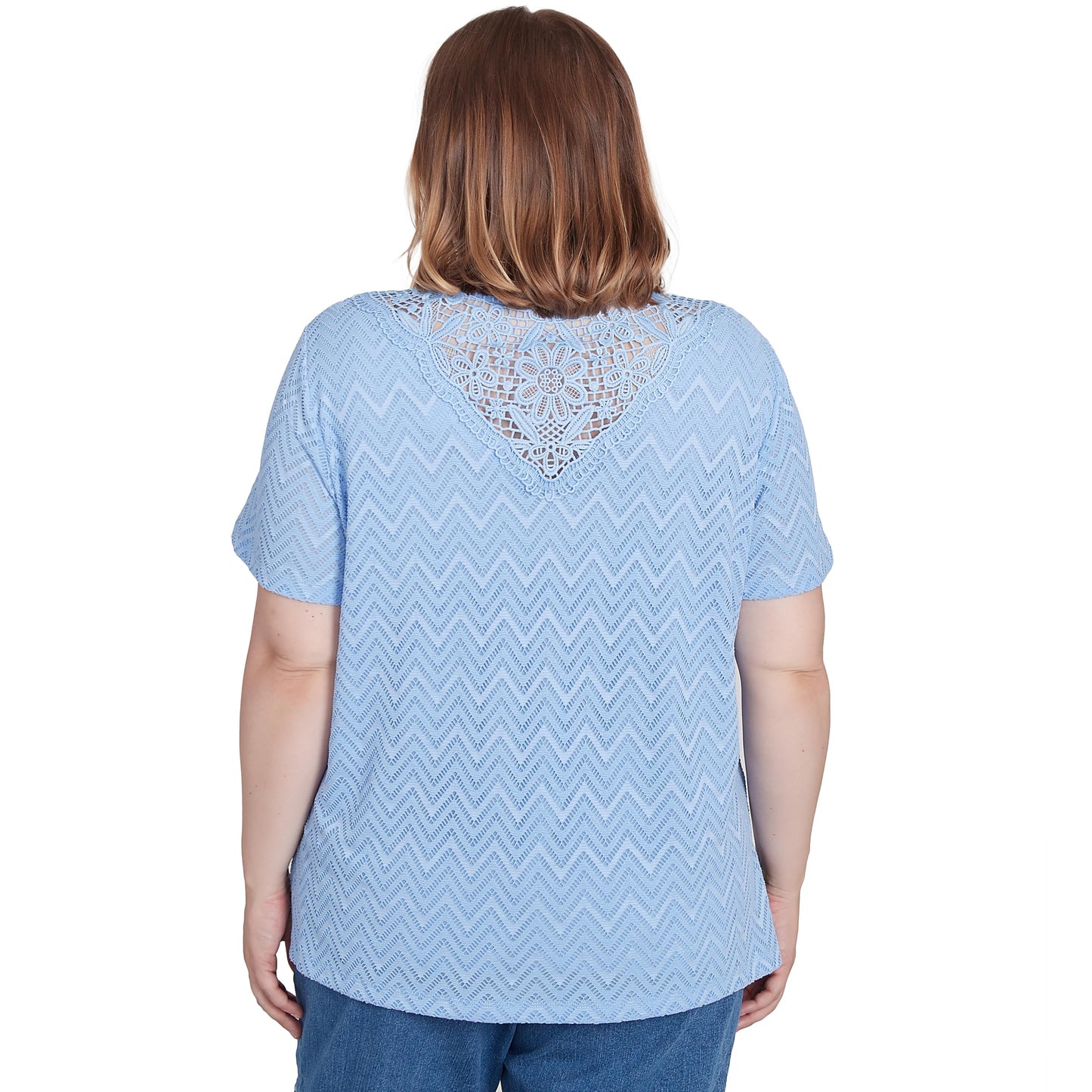 Alfred Dunner Women's Petite Textured Chevron Lace Back Tee Size PS Iris