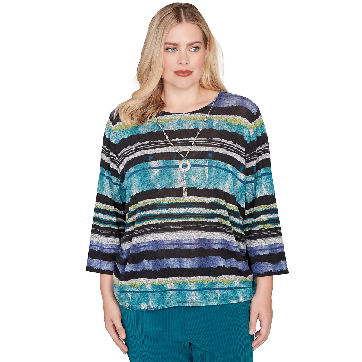 Alfred Dunner Women's Biadere Melange Stripe Top with Necklace Size M Black Multi