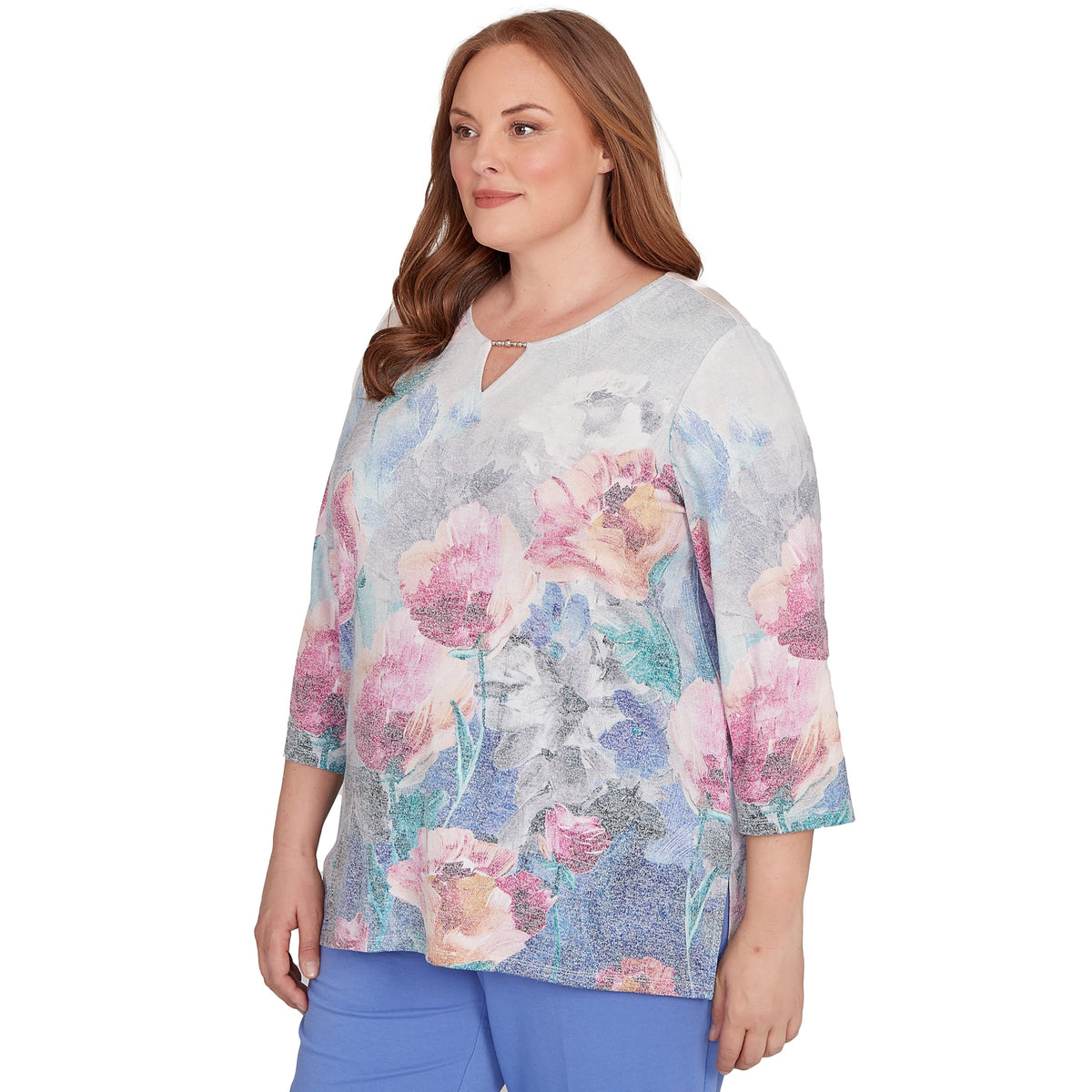 Floral Brushstroke Beaded Split Neck Top
