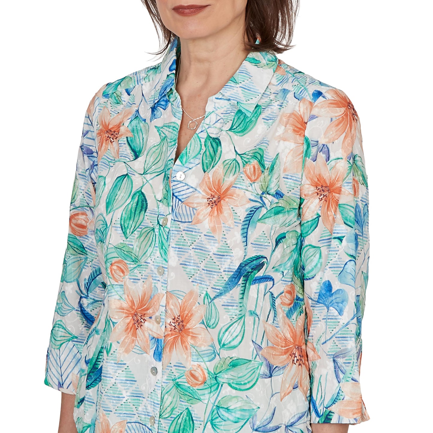 Alfred Dunner Women's Tropical Flower Eyelet Tie Sleeve Top