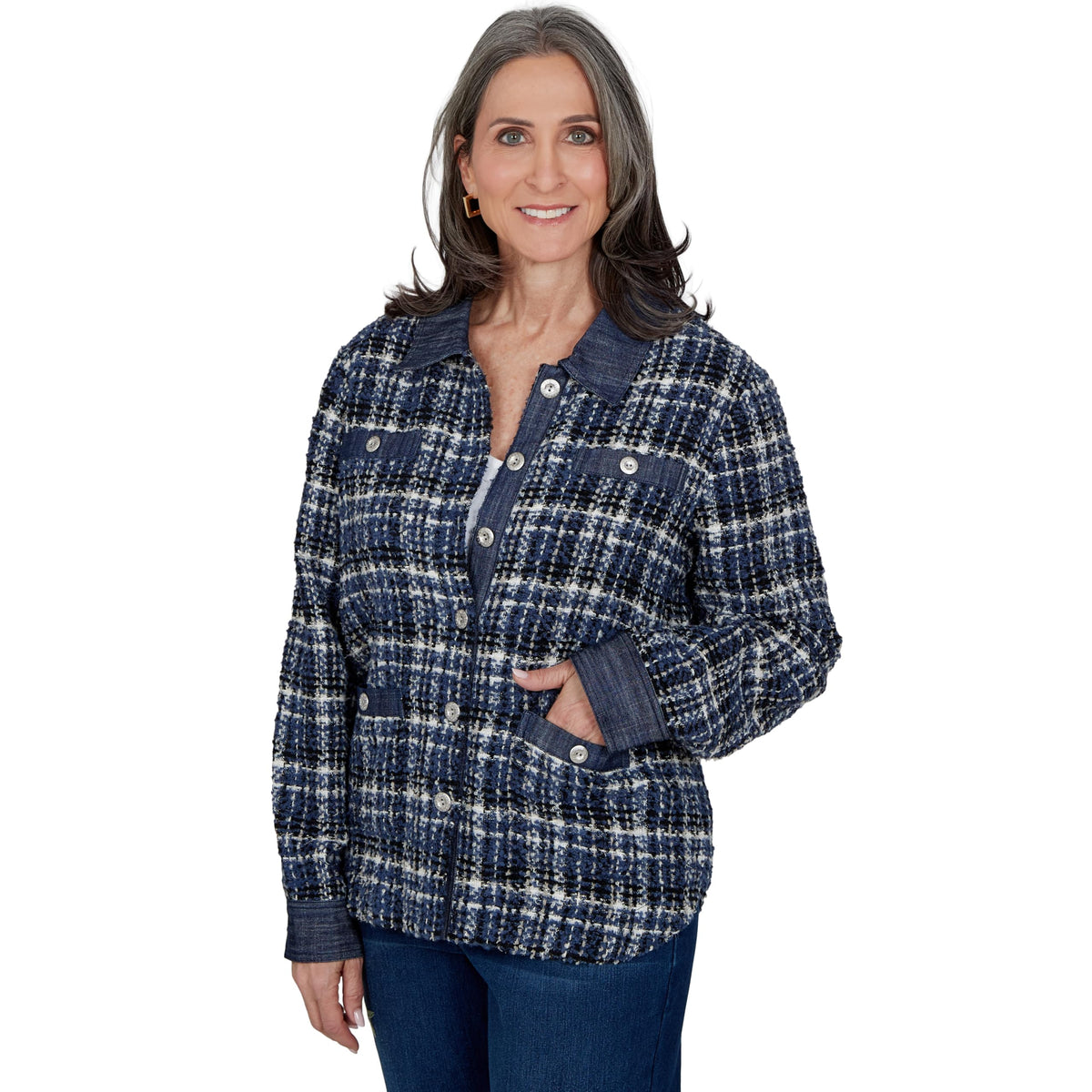 Alfred Dunner Women's Denim Trim Plaid Eyelash Jacket, Navy, S