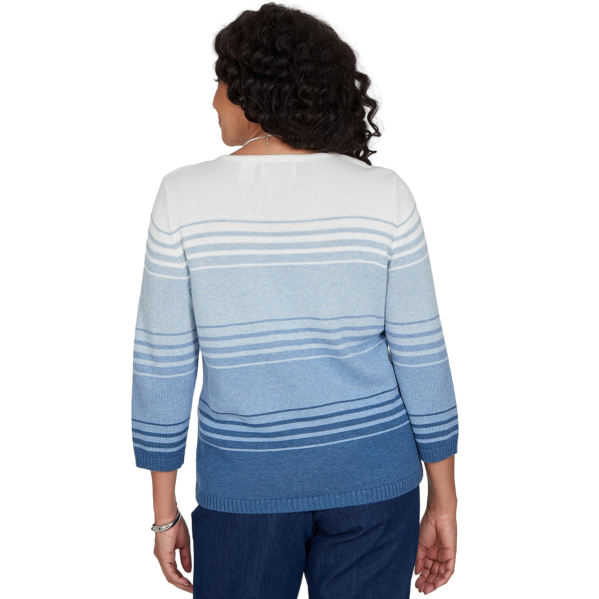 Alfred Dunner Women's Ombre Stripe Floral Embroidered Sweater, Denim, L
