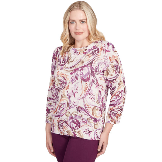 Alfred Dunner Urban Legend Paisley Floral Knit Pullover Sweater (US, Alpha, Large, Regular, Petite, Petite, Ivory/Multi)
