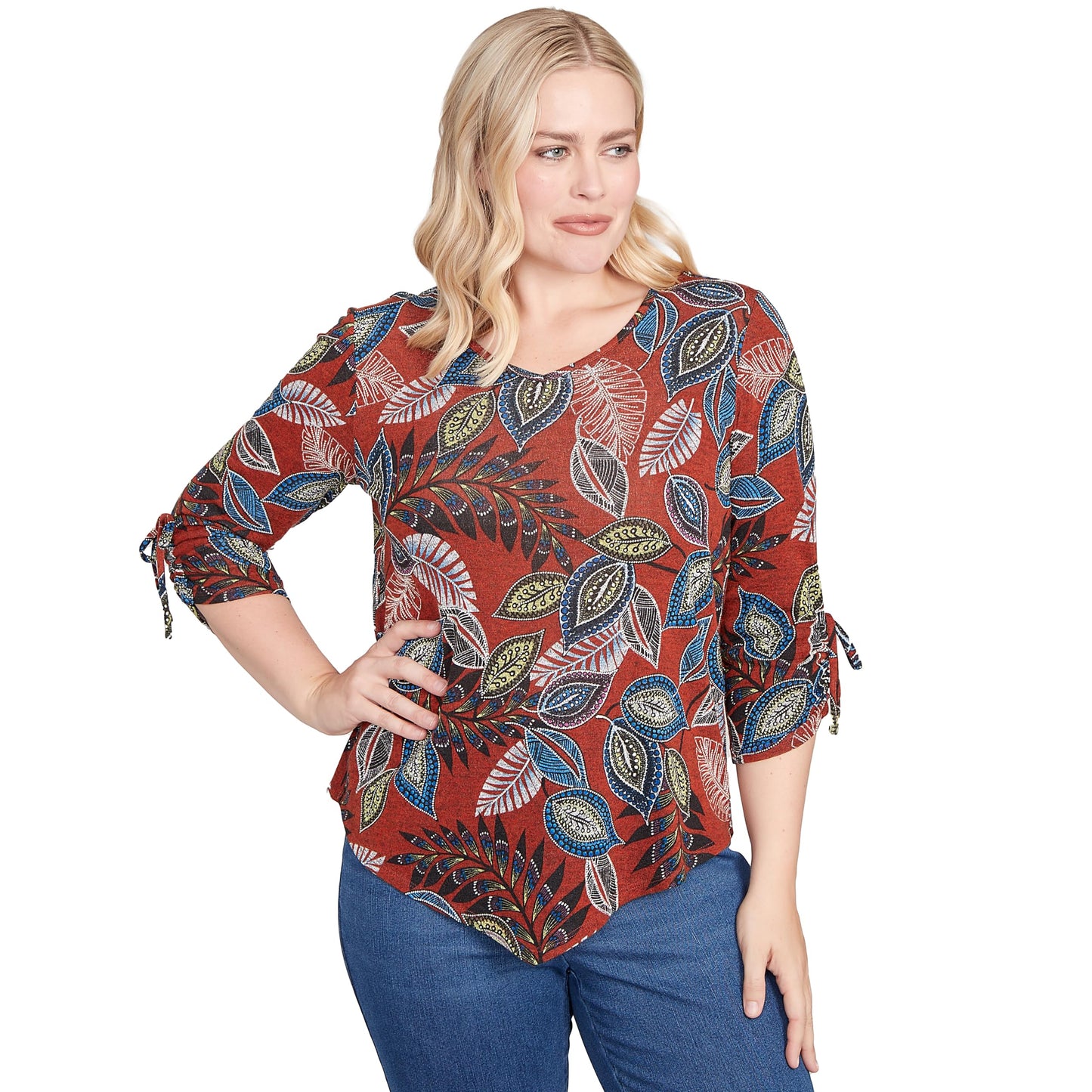 Alfred Dunner Batik Leaves Melange Asymmetrical Top
