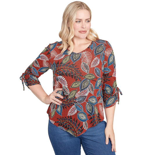Alfred Dunner Batik Leaves Melange Asymmetrical Top