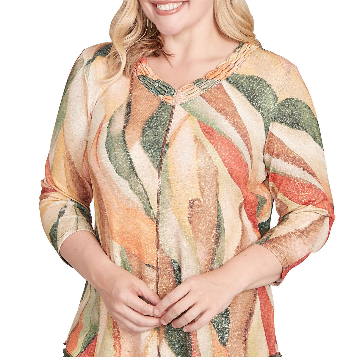 Alfred Dunner Women's Stained Glass Shimmer V-Neck Top Size L Pine Multi