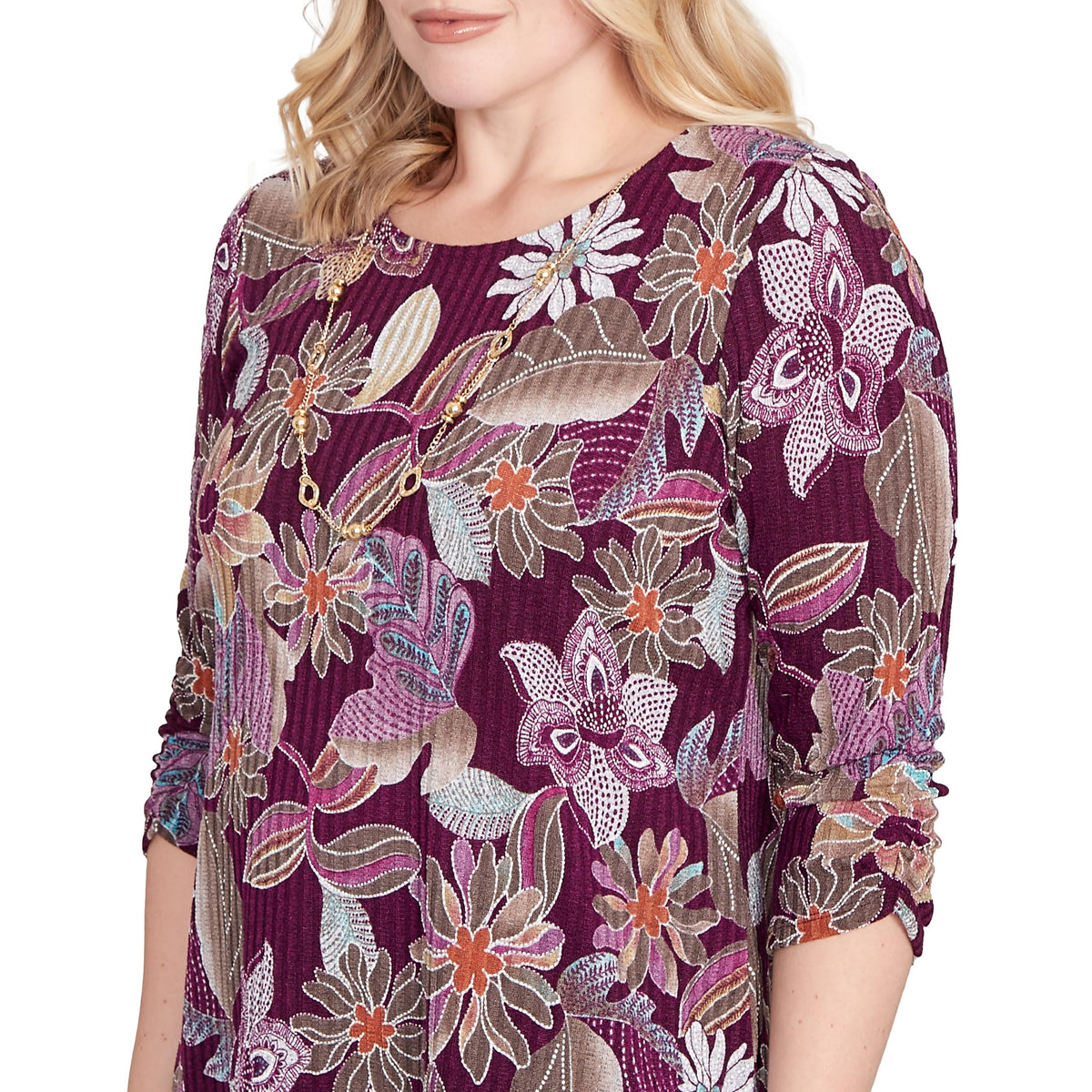 Alfred Dunner Women's Batik Floral Melange Printed Top Size XL Plum