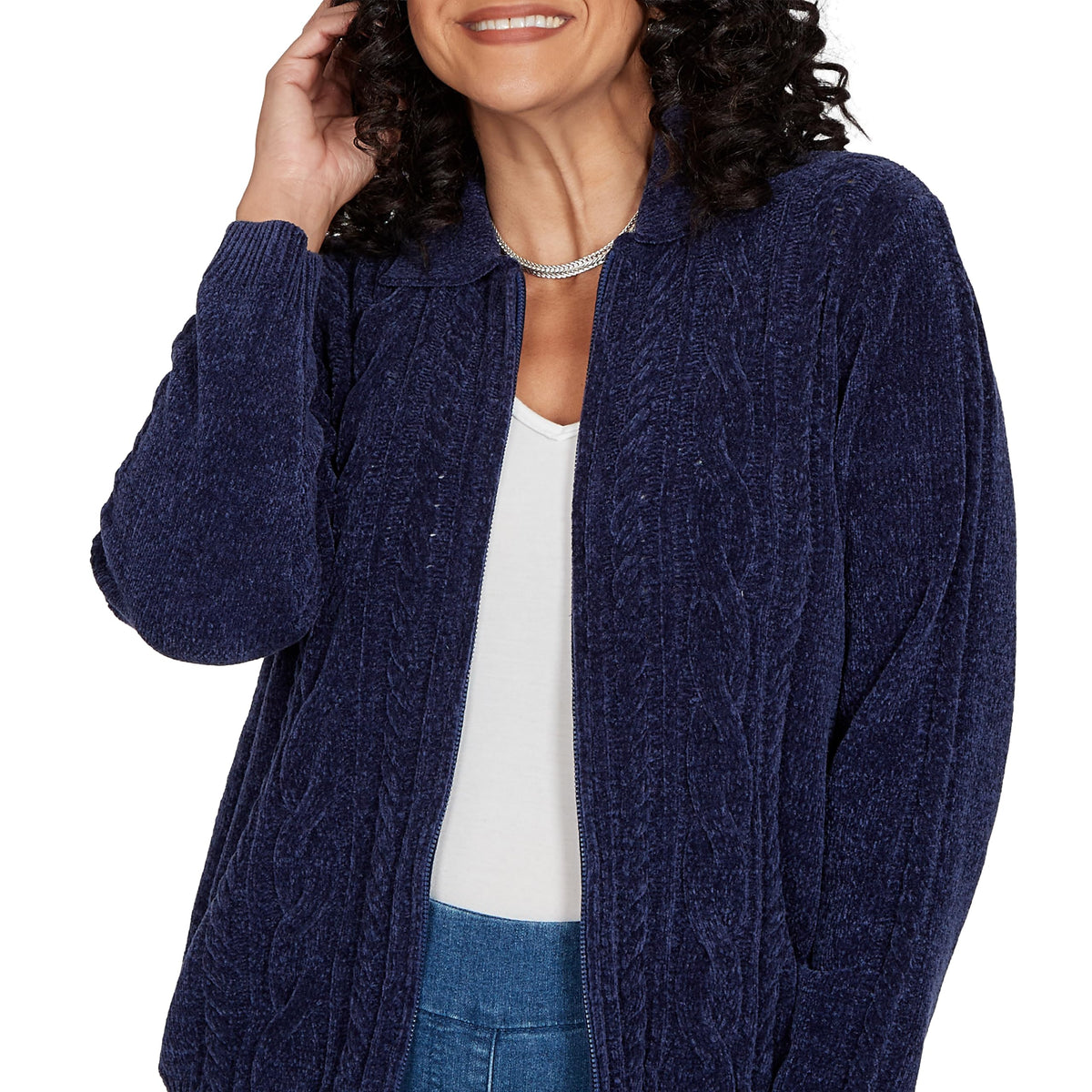 Alfred Dunner Women's Cable Chenille Zip Cardigan Sweater, Navy, S