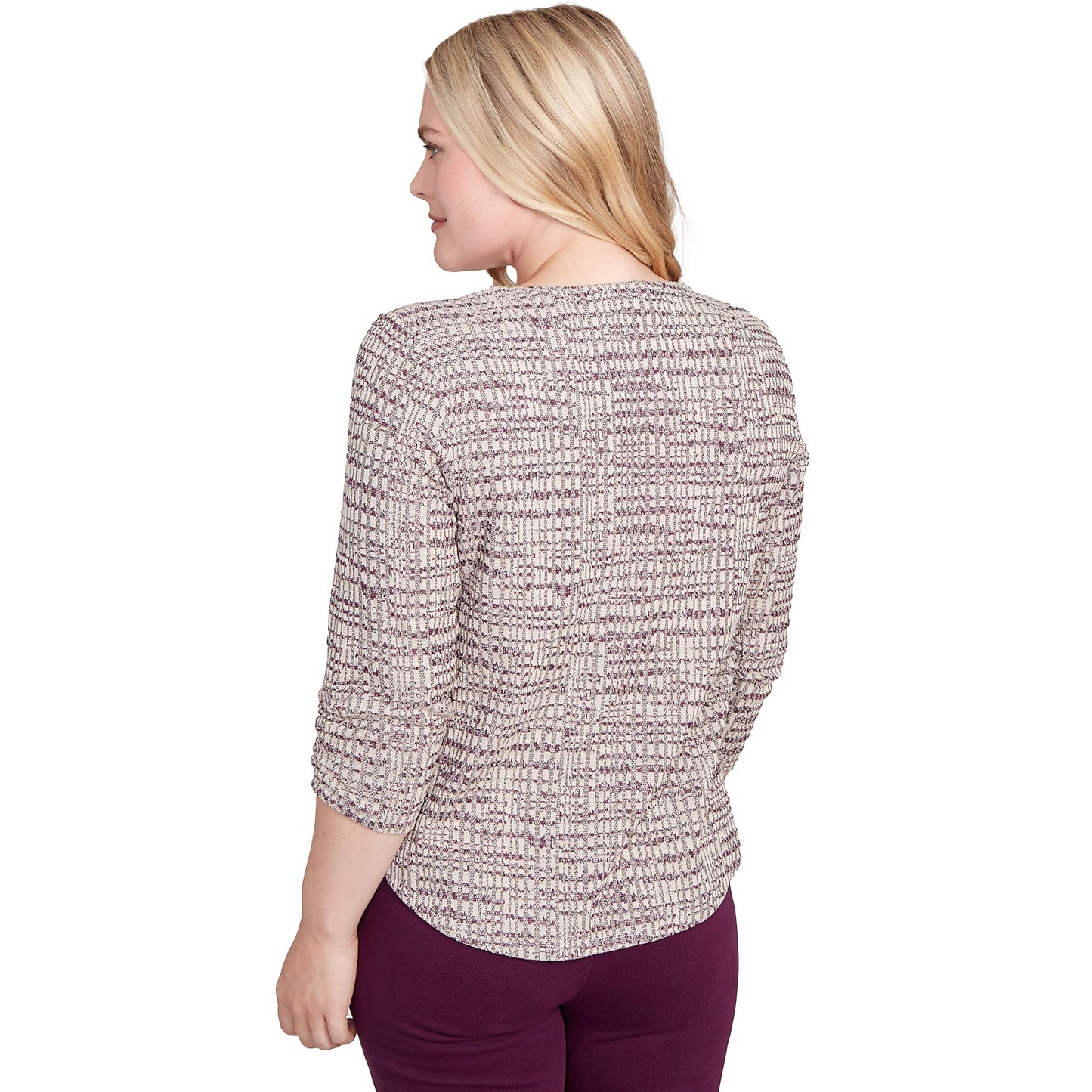 Alfred Dunner Women's Petite Textured Shimmer Space Dye Top with Necklace Size PM Plum Multi