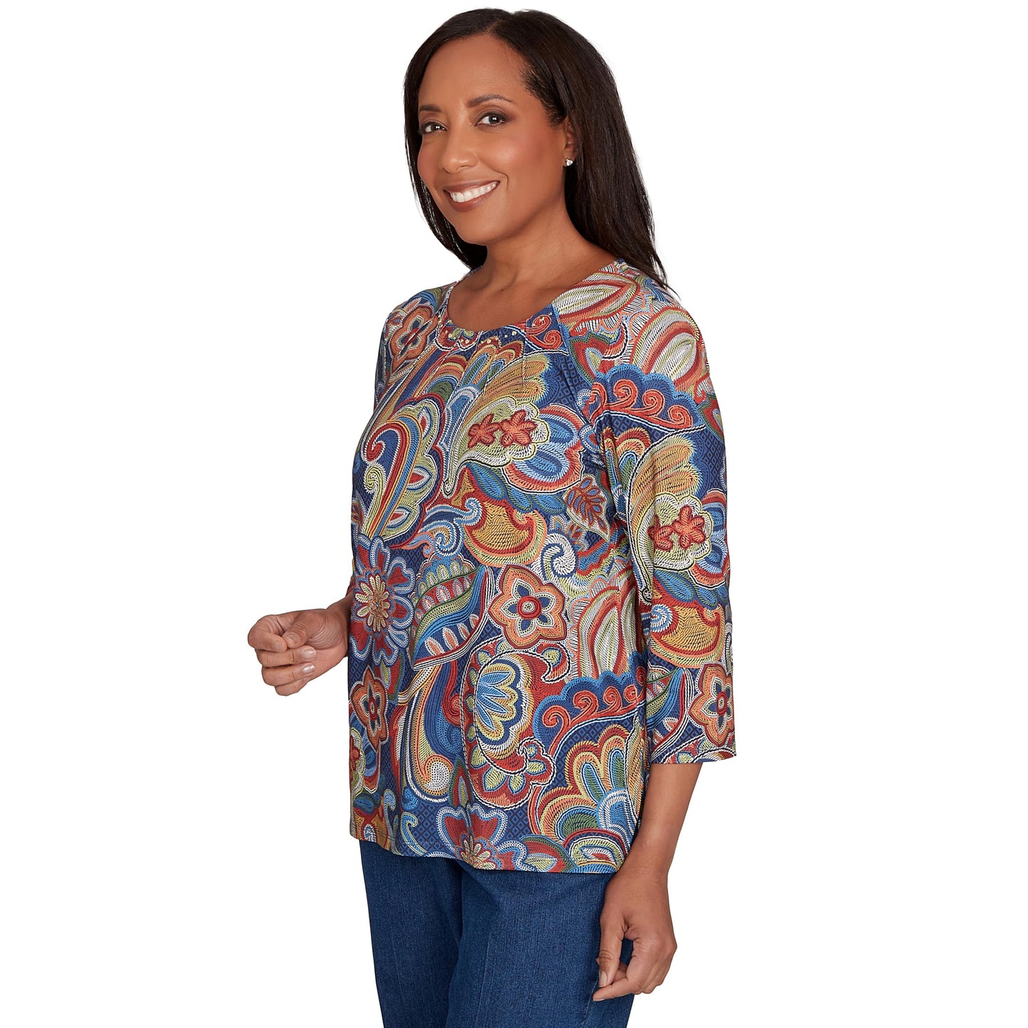 Stitched Floral Pleated Neck Top