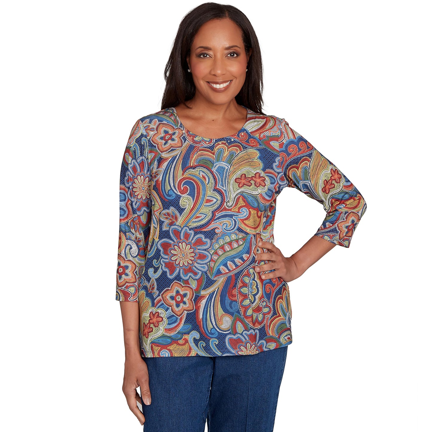 Stitched Floral Pleated Neck Top