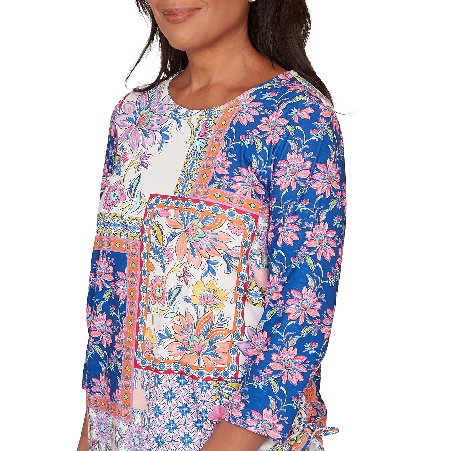 Alfred Dunner Women's Geometric Floral Tie Ruched Top