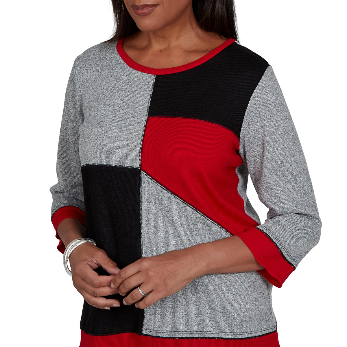 Alfred Dunner Women's Heathered Colorblock Knit Top, Grey, XL