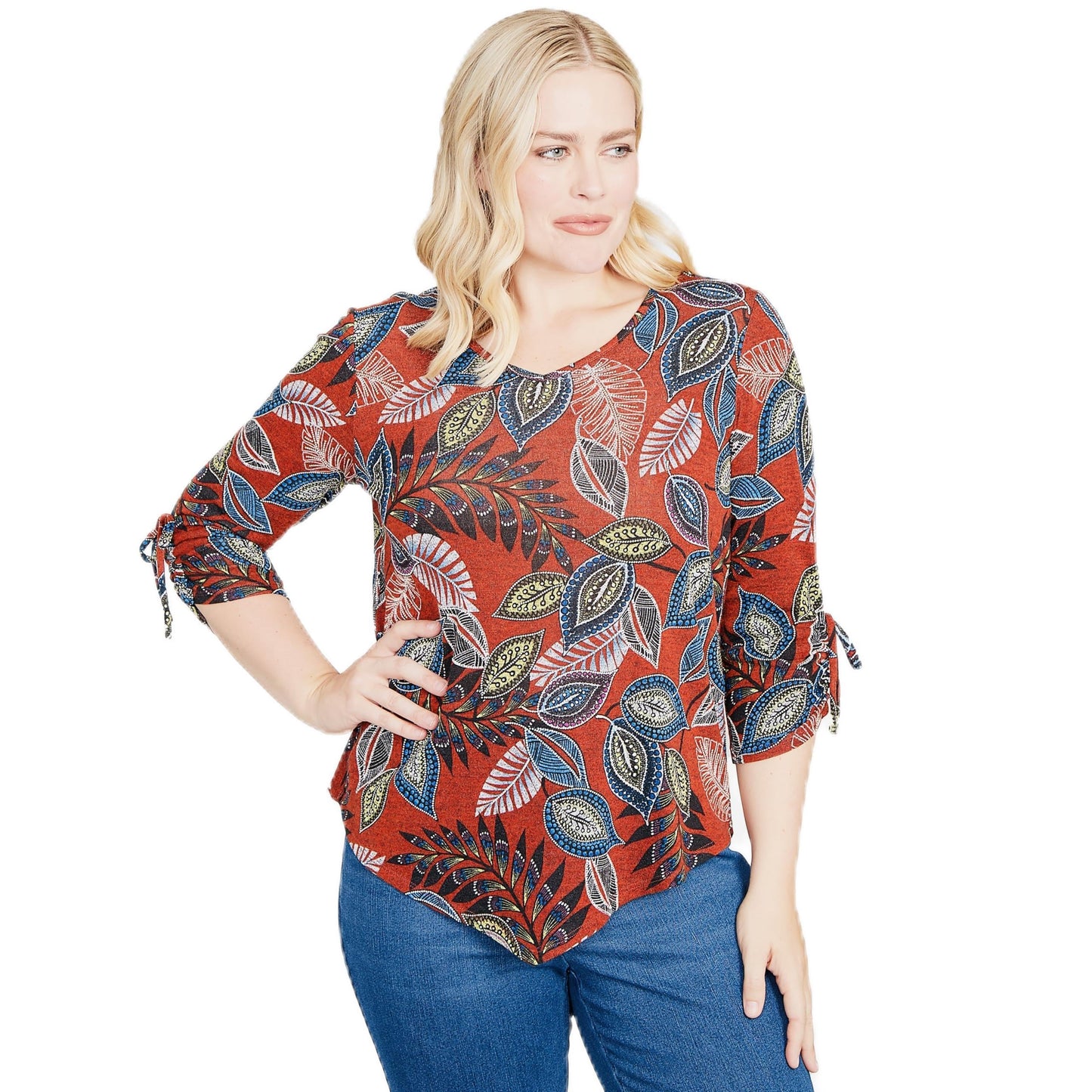 Alfred Dunner Batik Leaves Milange Polyester Top (US, Alpha, Medium, Regular, Petite, Petite, Multi)