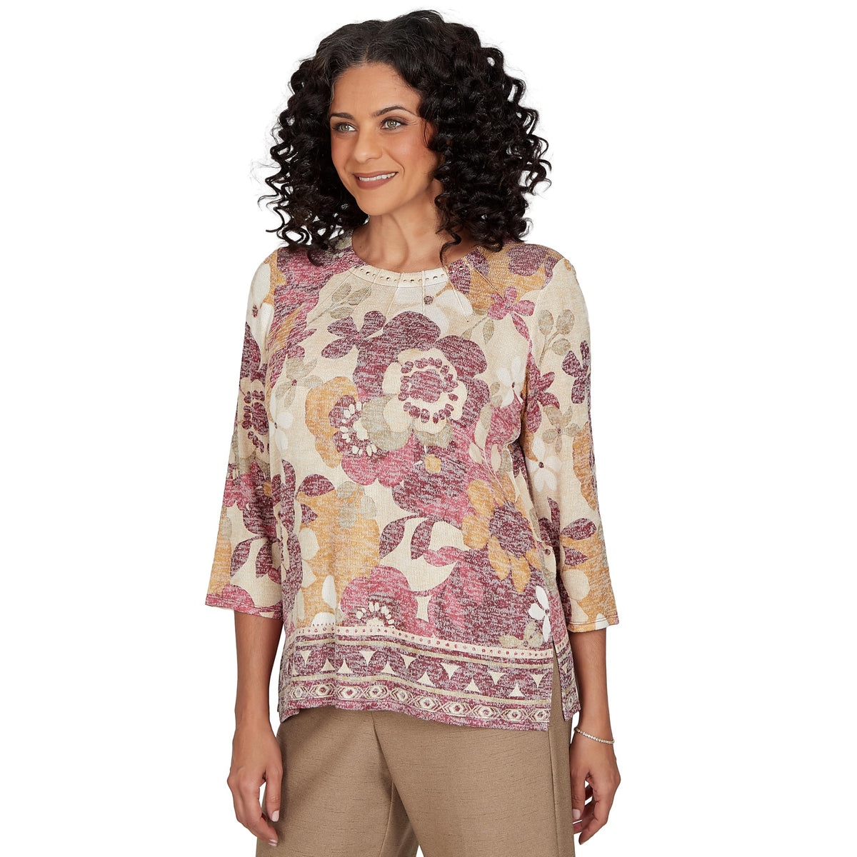 Alfred Dunner Women's Exploded Floral Geo Border Top, Tan, XL