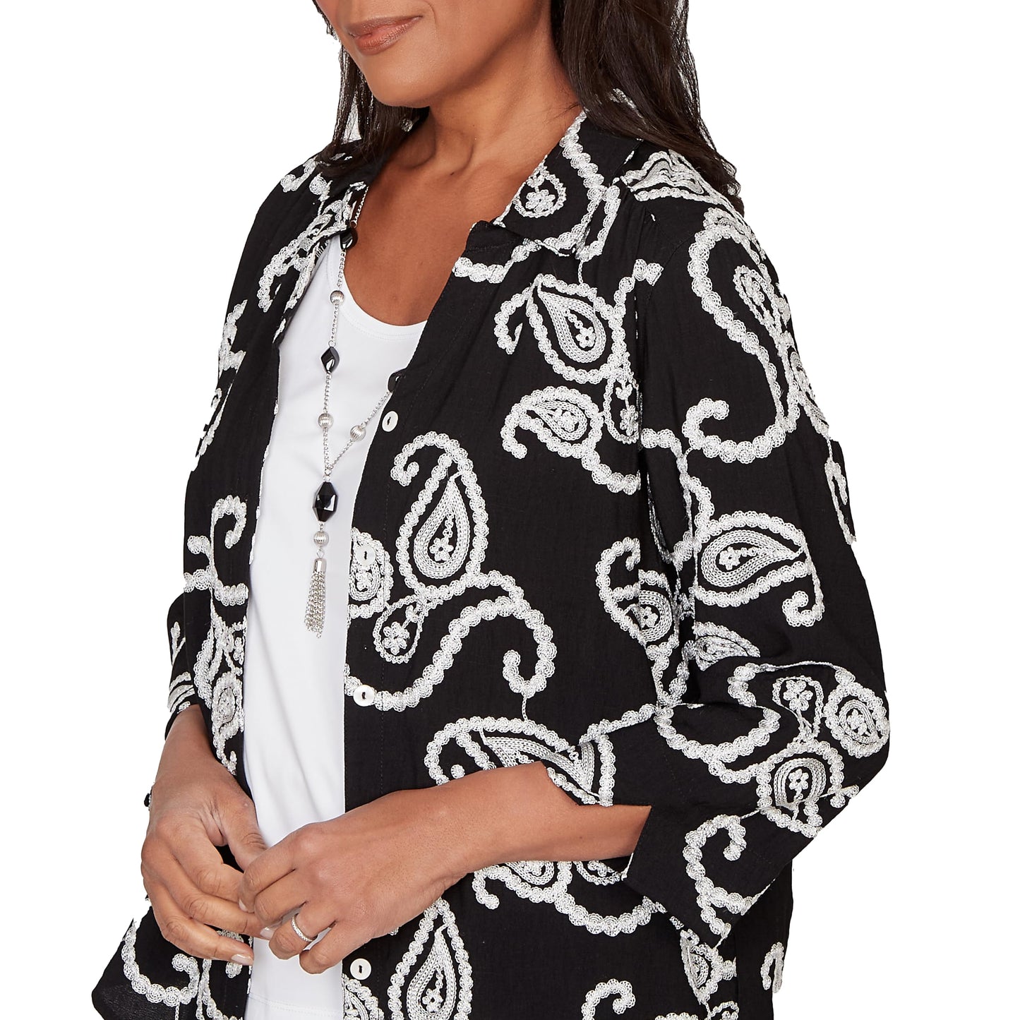 Alfred Dunner Women's Paisley Embroidered Two in One Top with Necklace