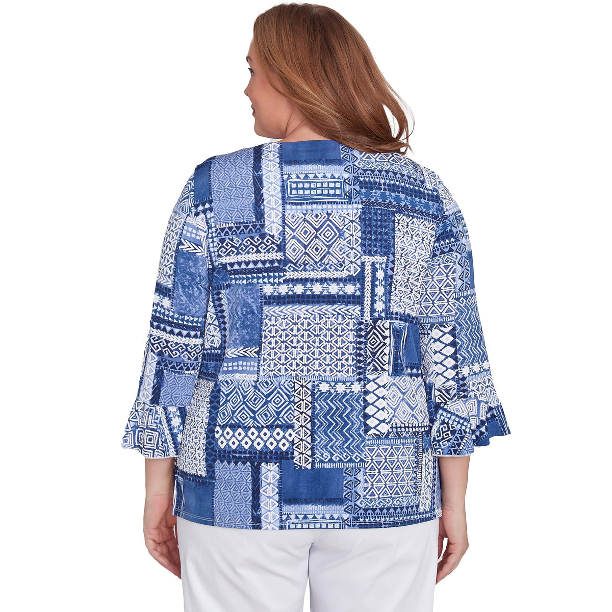 Alfred Dunner Women's Beaded Split Neck Patchwork Top Size M Denim