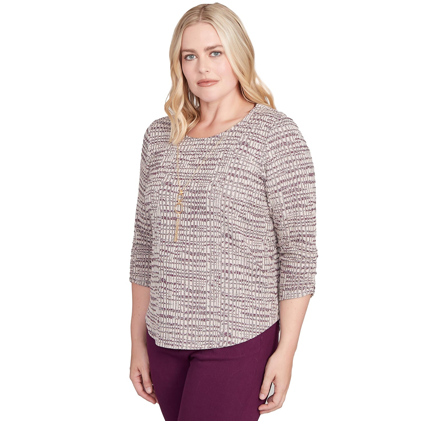 Alfred Dunner Women's Petite Textured Shimmer Space Dye Top with Necklace Size PM Plum Multi
