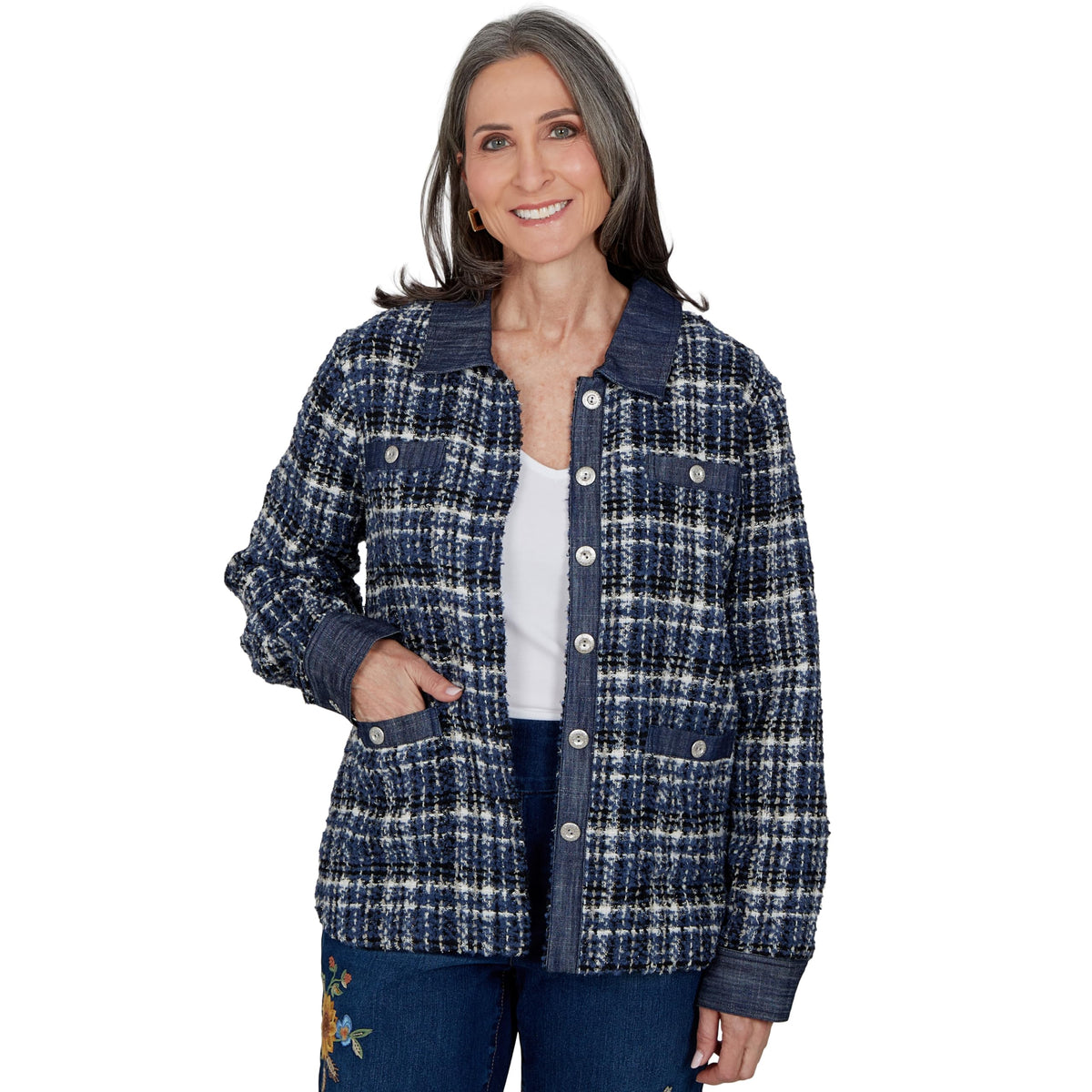 Alfred Dunner Women's Denim Trim Plaid Eyelash Jacket, Navy, M