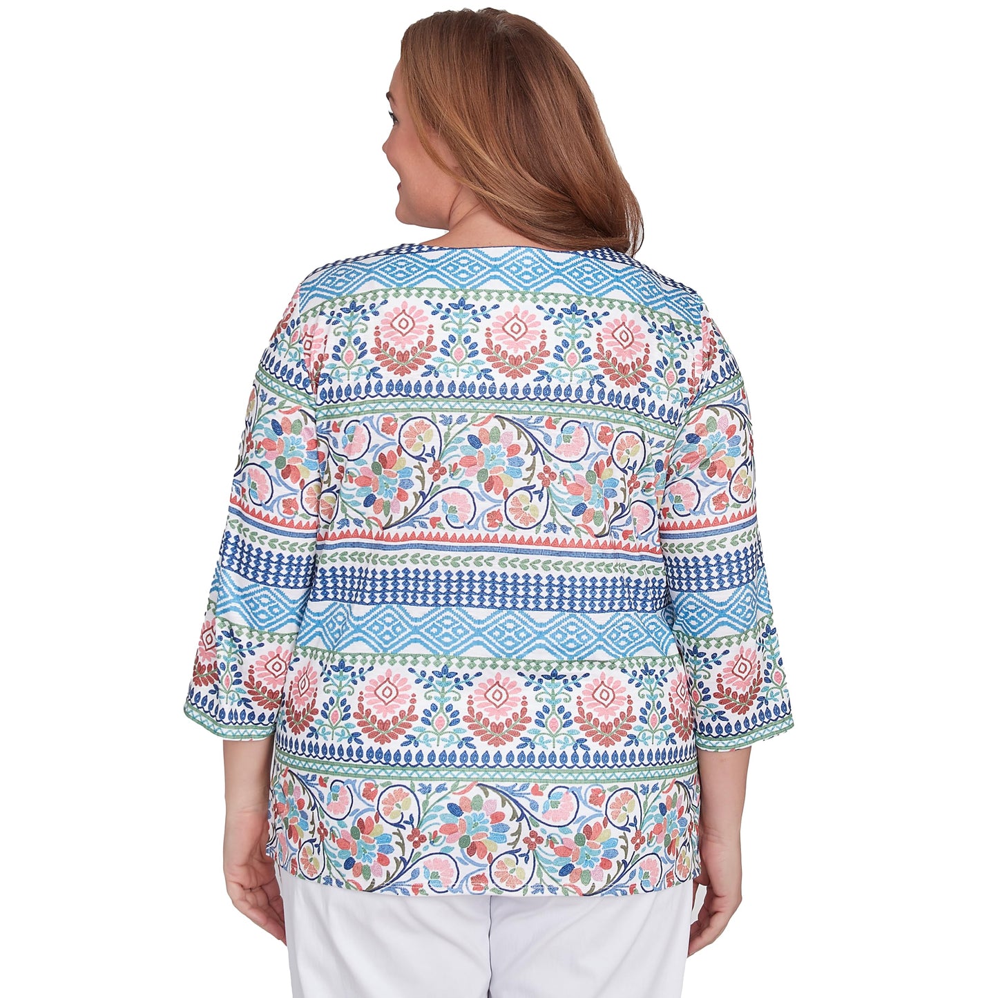 Alfred Dunner Women's Plus-Size Knit Scroll Geometric Crewneck Top Size 3X Navy Multi