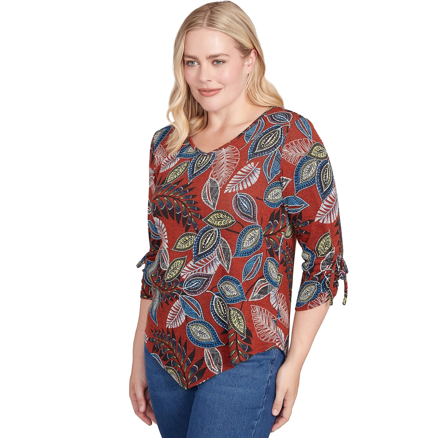 Alfred Dunner Batik Leaves Melange Asymmetrical Top