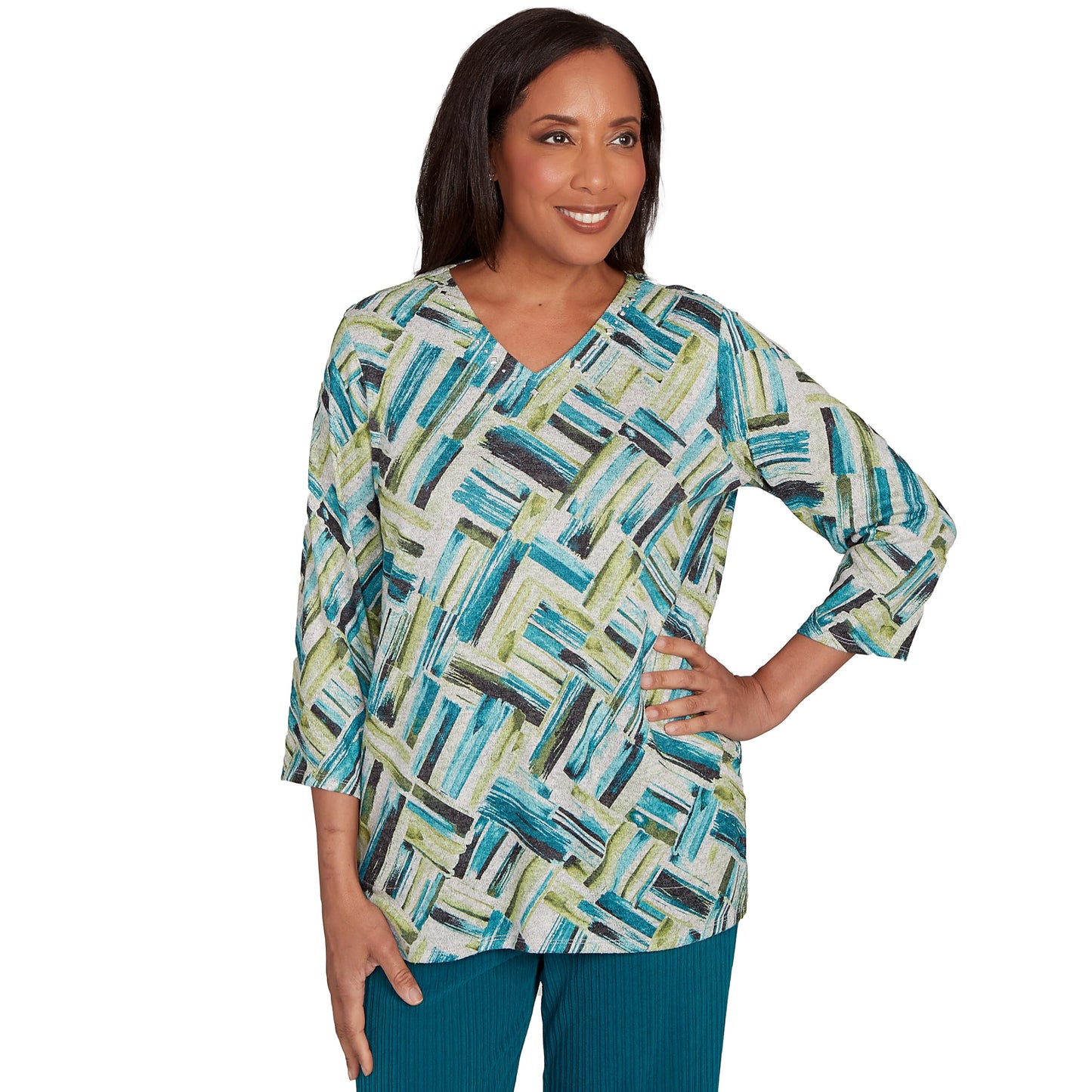Alfred Dunner Women's Detailed V Neck Brushstroke Top Size L Spruce