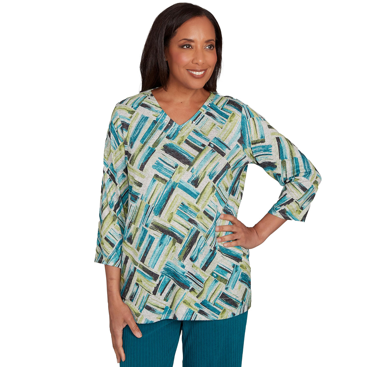 Detailed V Neck Brushstroke Top