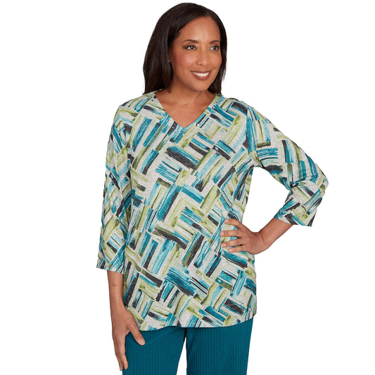 Alfred Dunner Women's Detailed V Neck Brushstroke Top Size M Spruce