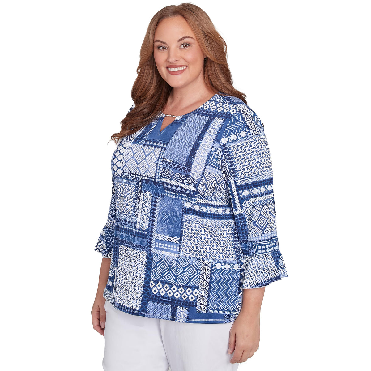 Alfred Dunner Womens Petite Beaded Split Neck Patchwork Top, Denim, Size PM