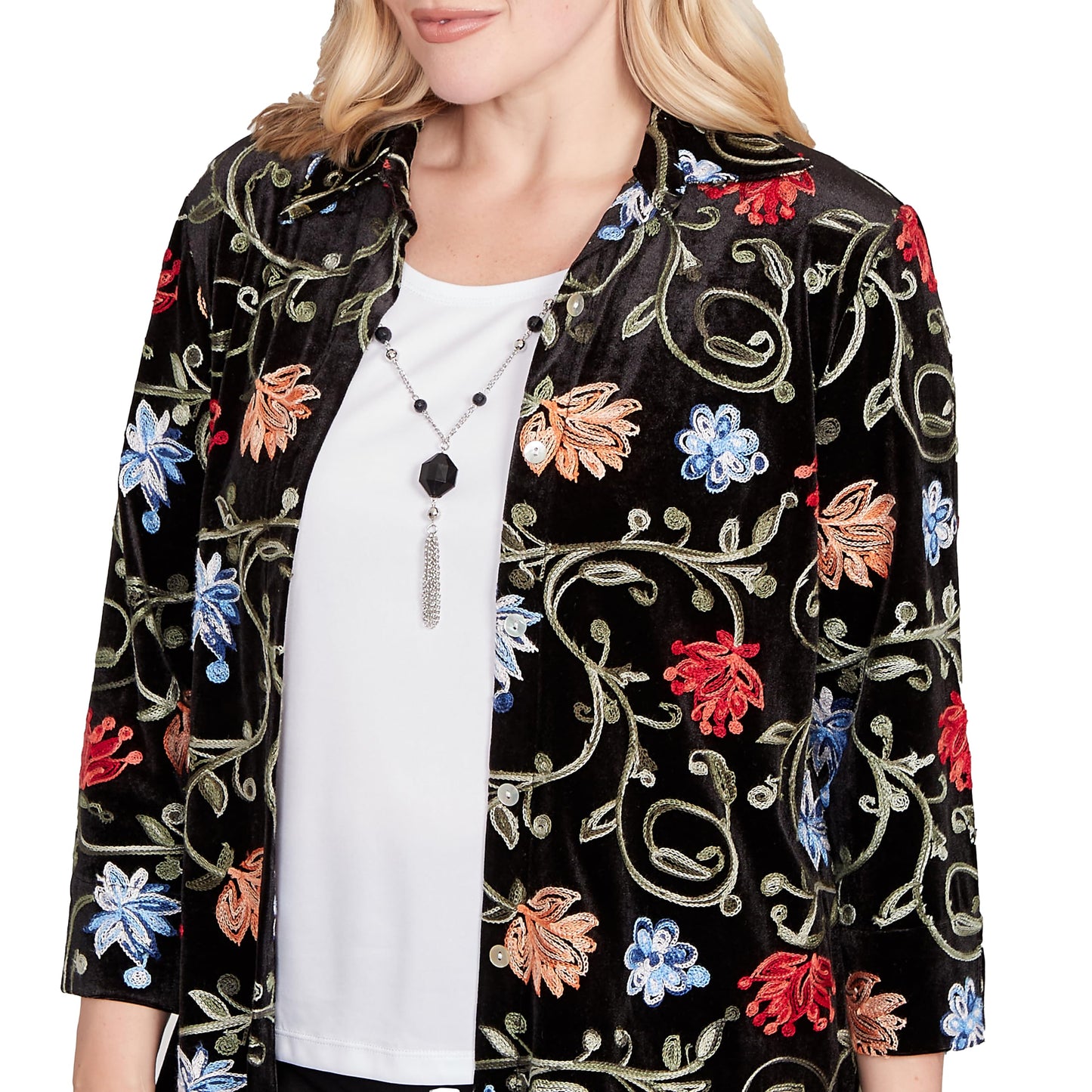 Alfred Dunner Women's Rich Velvet Floral Two in One Top with Necklace