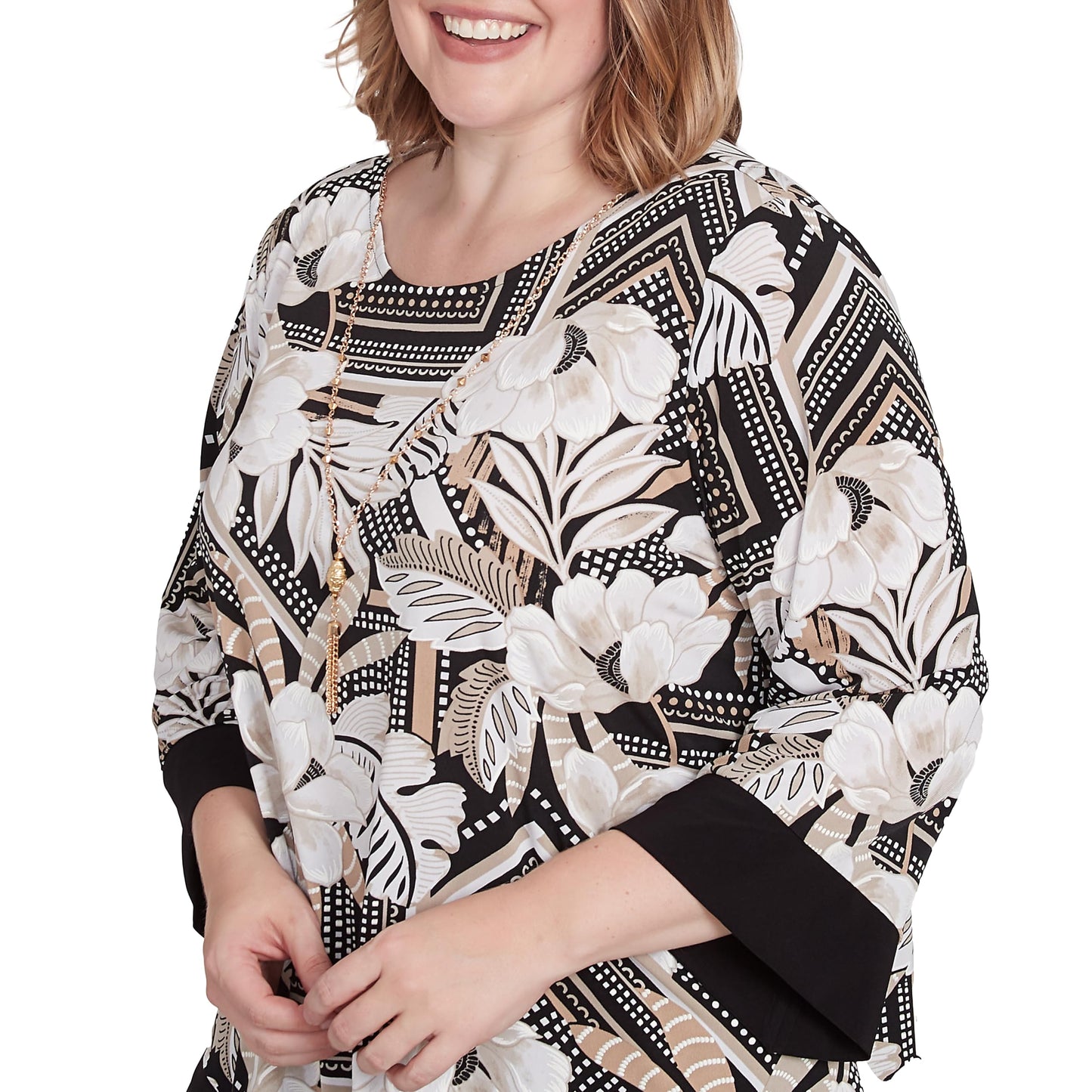 Alfred Dunner Women's Petite Floral Geometric Crewneck Top with Necklace Size PL Neutral Multi