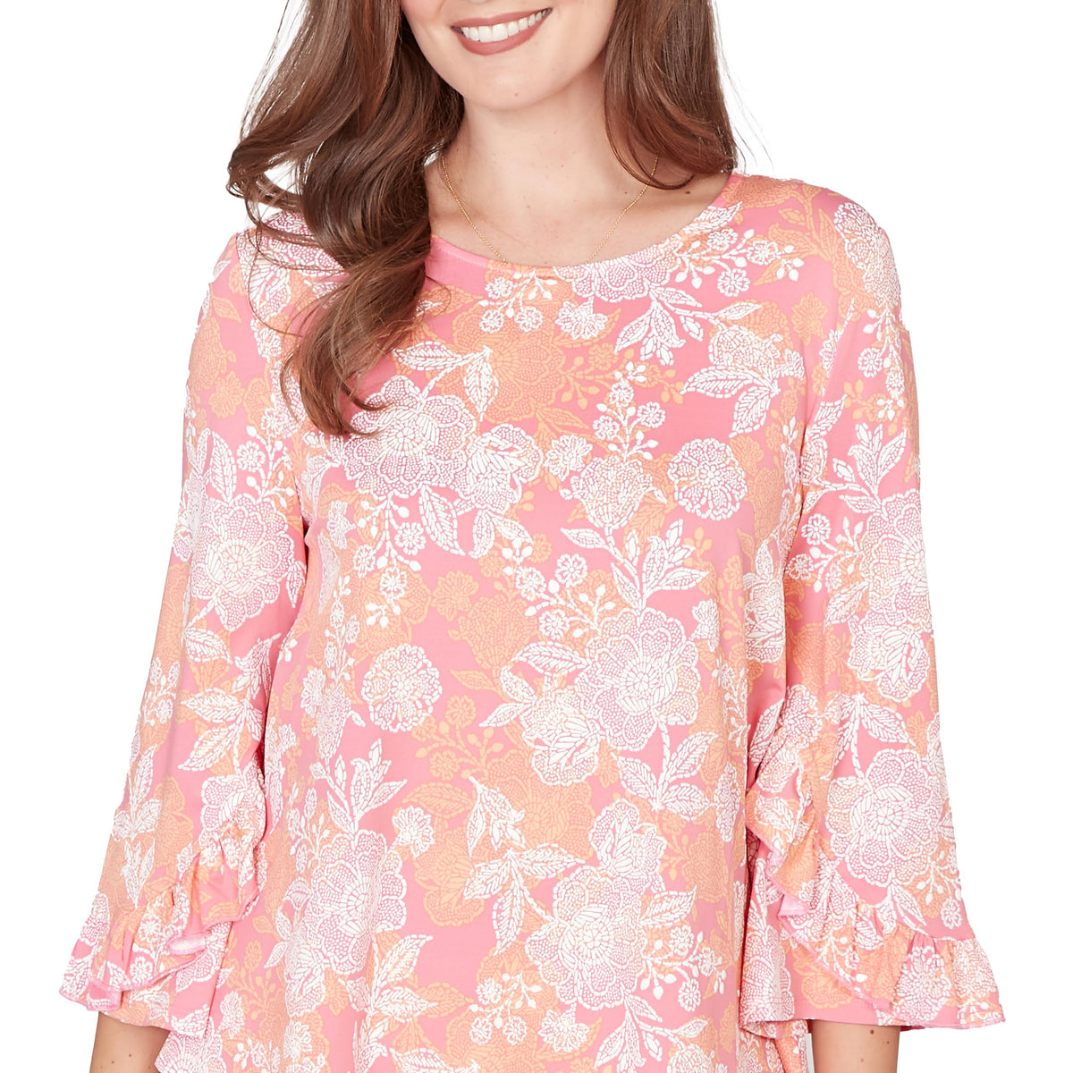 Ruby Rd. Women's Floral Puff Print Ruffle Knit Top, Cotton Candy Multi, S