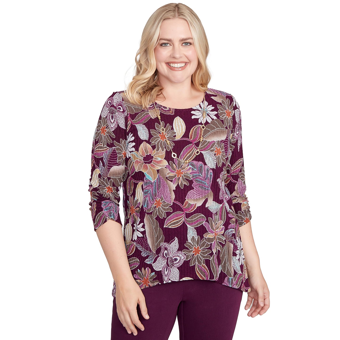 Alfred Dunner Women's Batik Floral Melange Printed Top Size XL Plum
