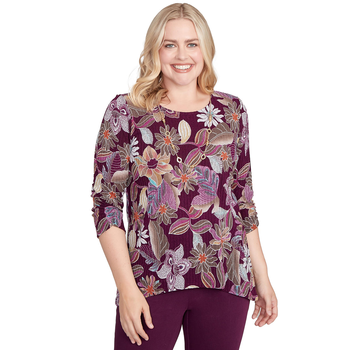 Alfred Dunner Women's Batik Floral Melange Printed Top Size XL Plum