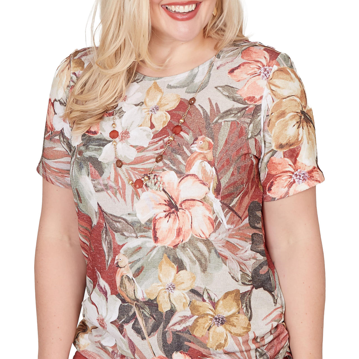 Alfred Dunner Women's Petite Dramatic Floral Tee with Necklace, Size PL, Brown Multi
