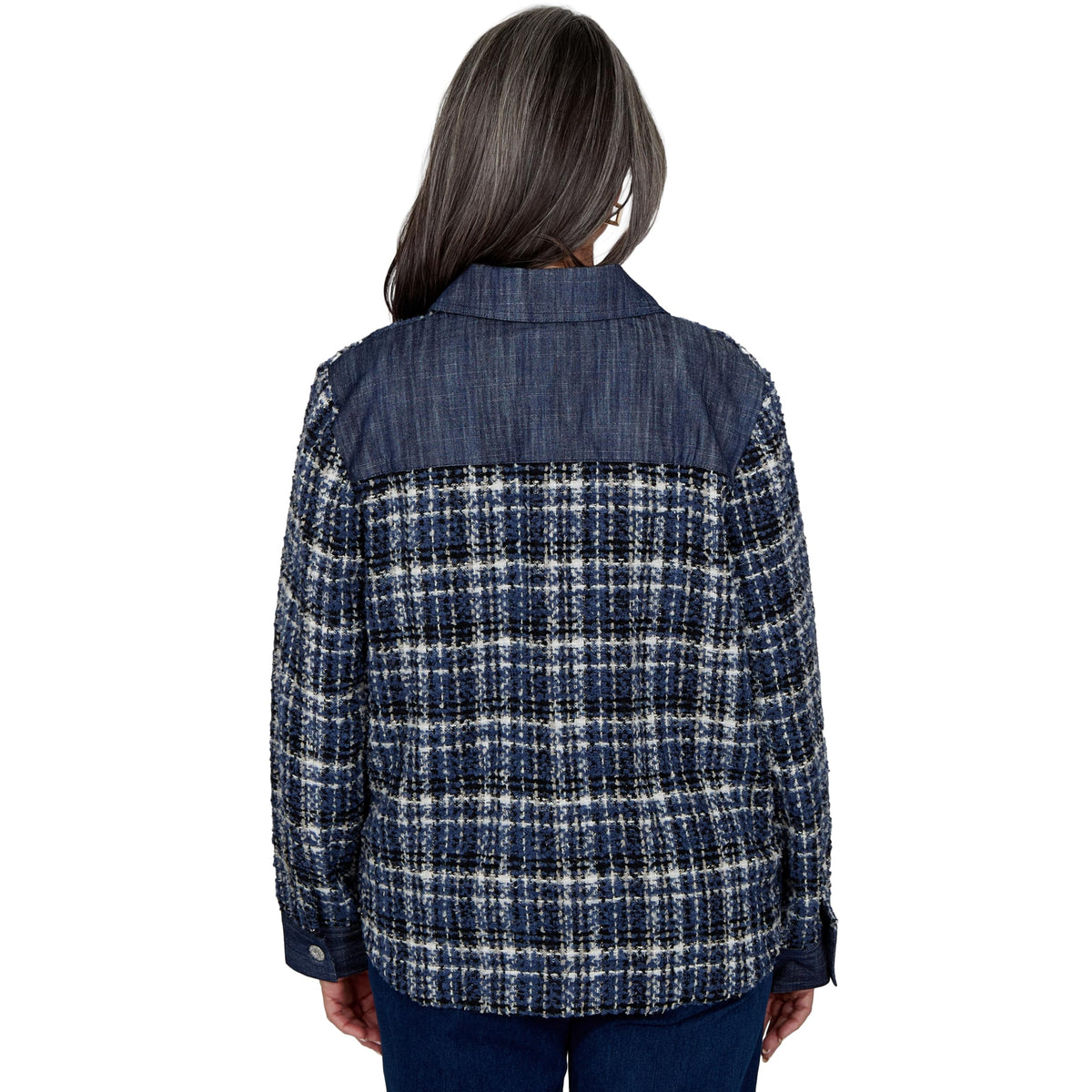Alfred Dunner Women's Denim Trim Plaid Eyelash Jacket, Navy, M
