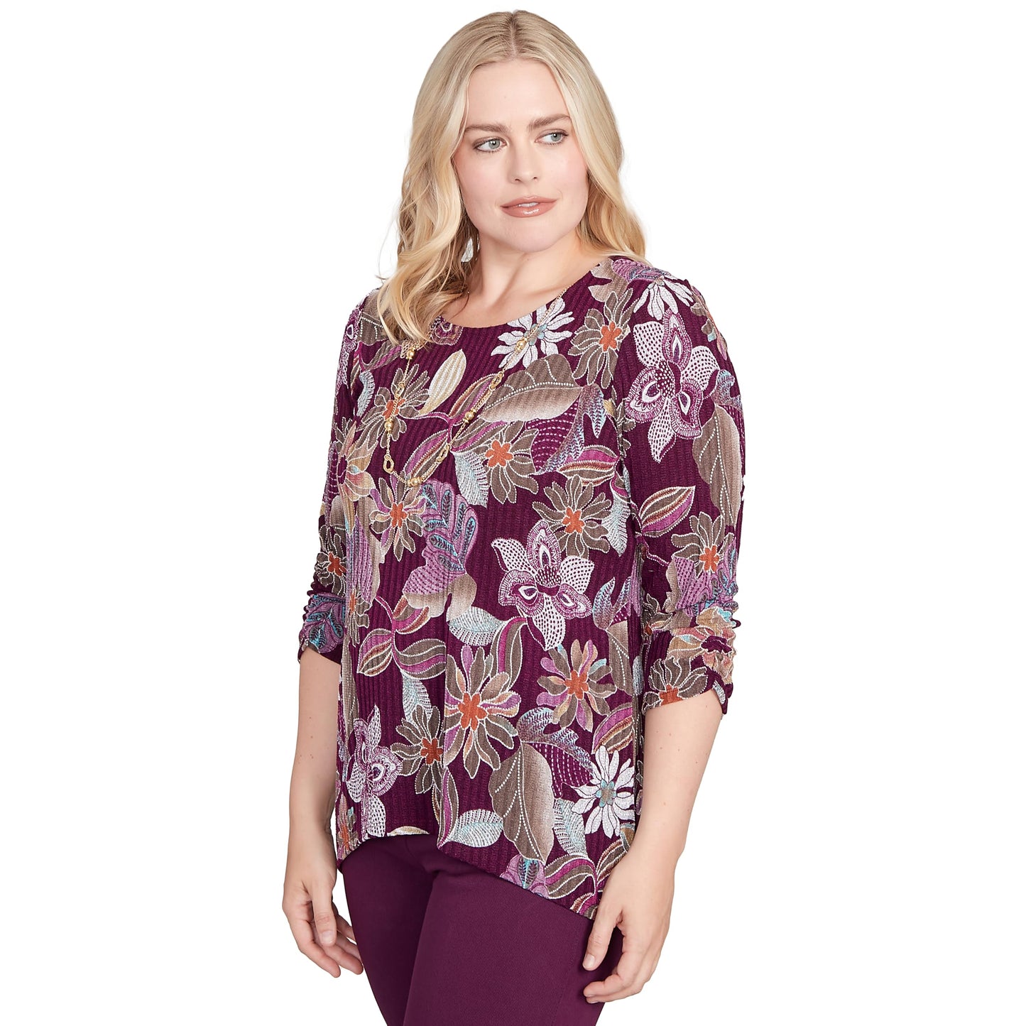 Alfred Dunner Women's Batik Floral Melange Printed Top Size XL Plum