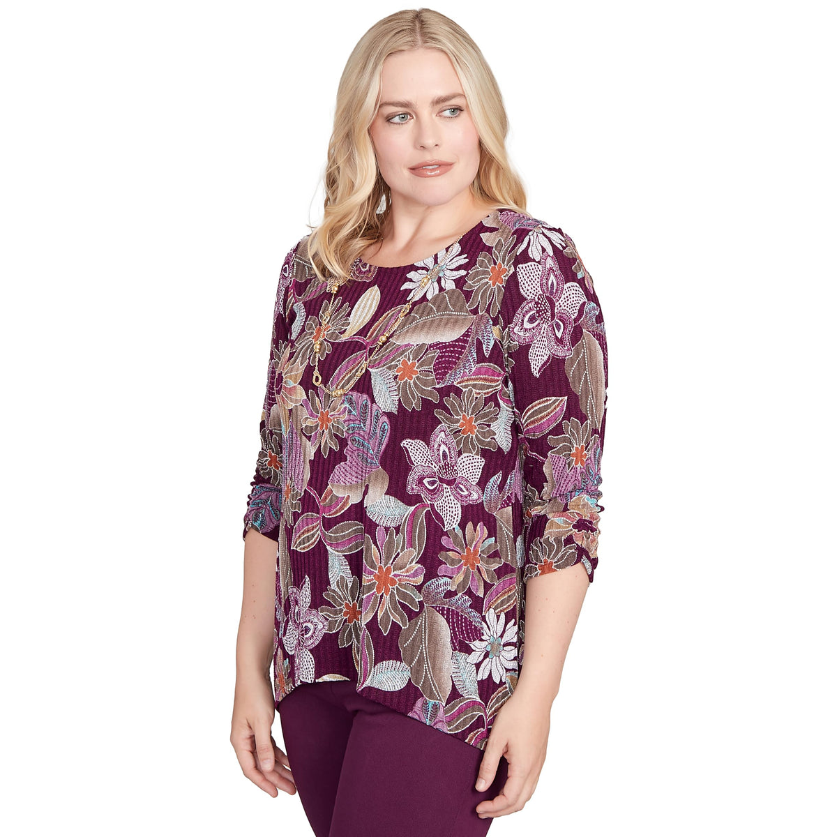 Alfred Dunner Women's Batik Floral Melange Printed Top Size XL Plum