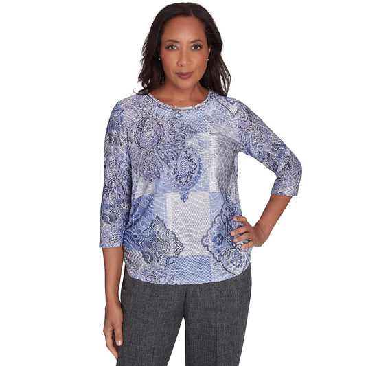 Alfred Dunner Worth Avenue Intricate Medallion Polyester Top (US, Alpha, Large, Regular, Regular, Standard, Multi/Purple)