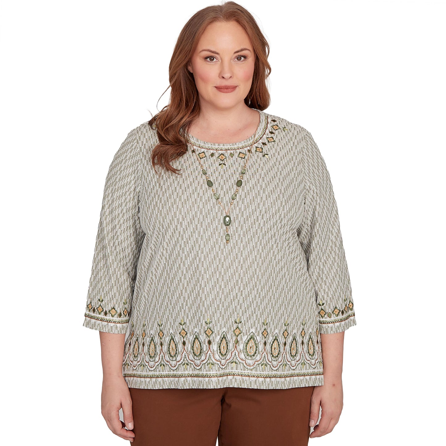 Alfred Dunner Women's Textured Medallion Bordered Top with Necklace Size M Pine