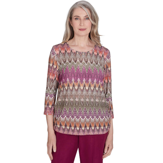 Alfred Dunner Women's Wine Country Chevron Textured Crew Neck Top (US, Alpha, Small, Regular, Regular, Neutral Multi)