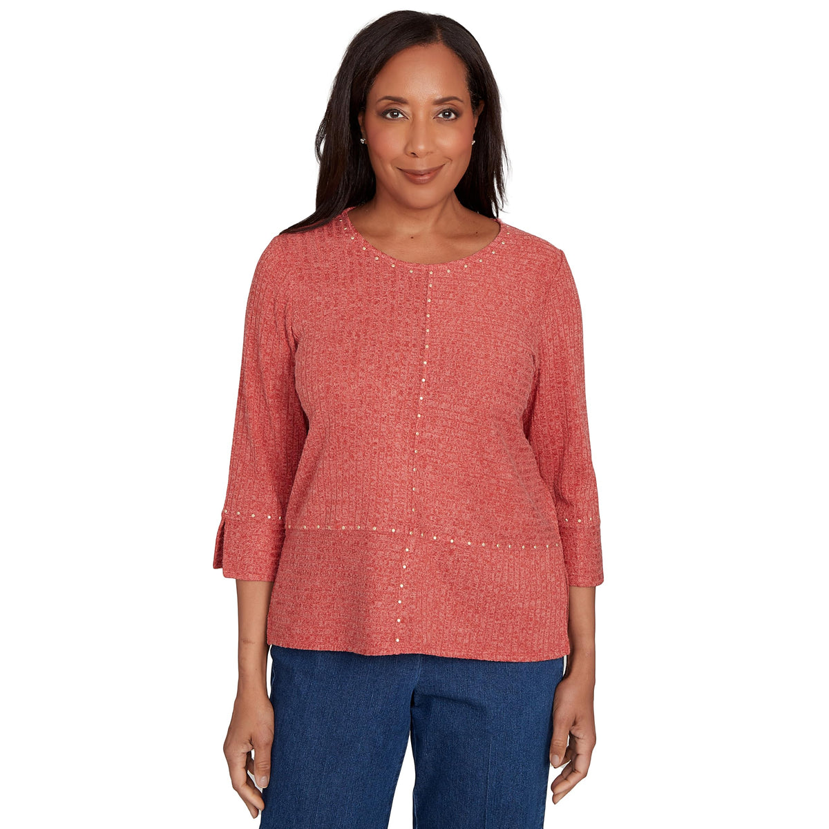 Alfred Dunner Women's Embellished Spliced Solid Top