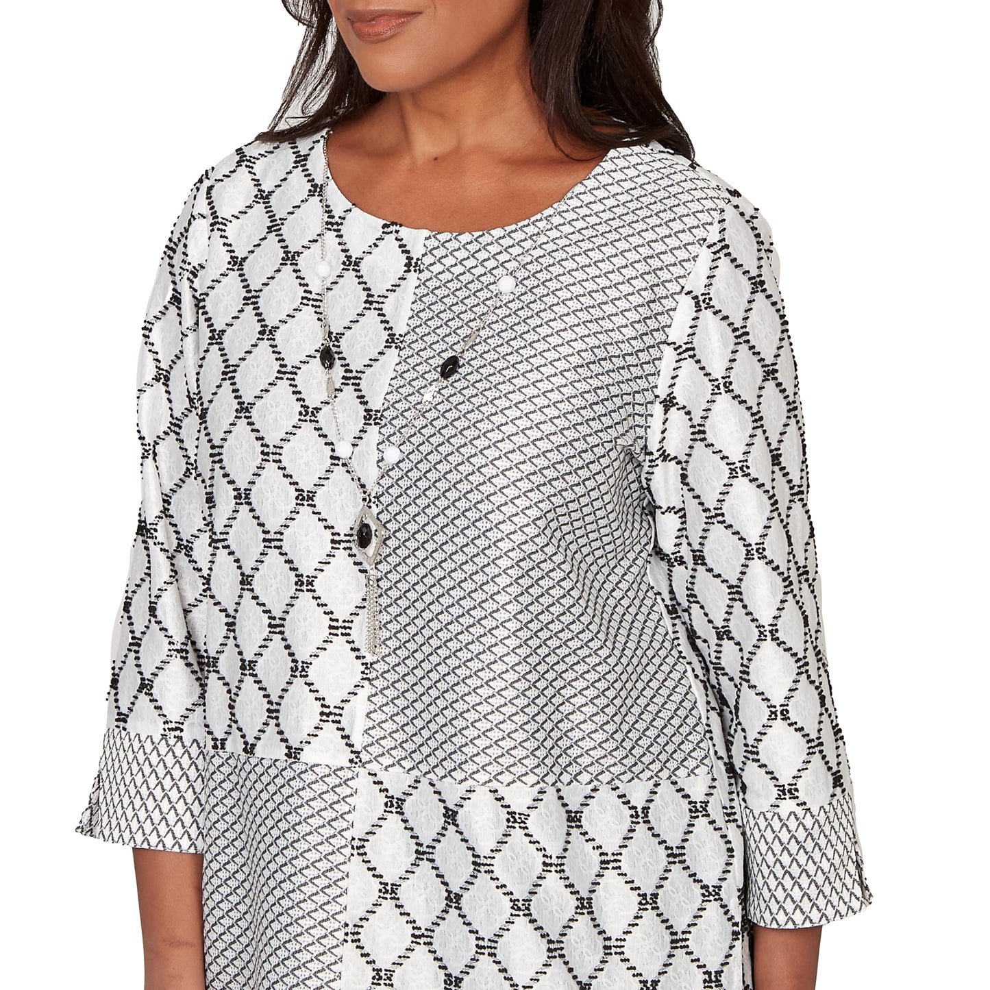 Alfred Dunner Women's Spliced Diamond Textured Top with Necklace