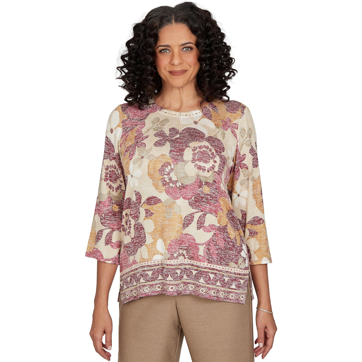 Alfred Dunner Women's Exploded Floral Geo Border Top, Tan, L