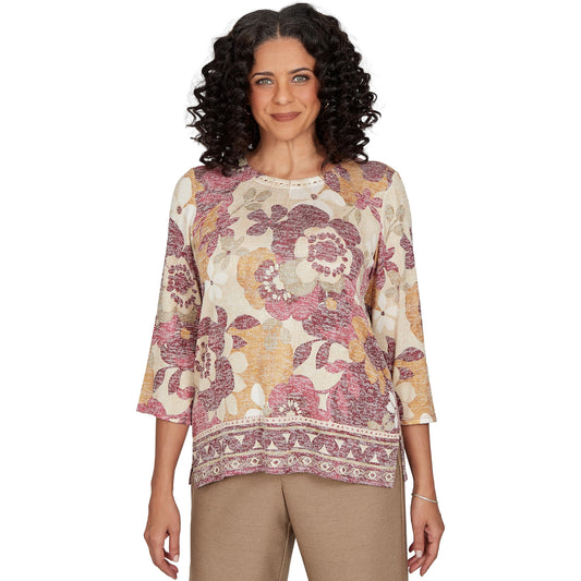 Alfred Dunner Women's Exploded Floral Geo Border Top, Tan, S